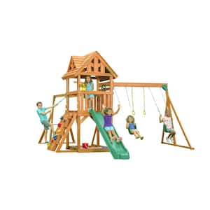 Mountain View Lodge Playset with Wooden Roof, Monkey Bars, and Multi-Color Swing Set Accessories and Green Slide