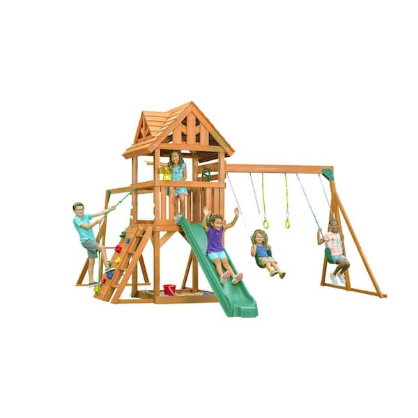 Creative Cedar Designs Mountain View Lodge Playset with Wooden Roof, Monkey Bars, and Multi-Color Swing Set Accessories and Green Slide