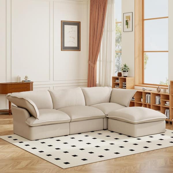 Modern 123 in. Flared Arm Oversized Down Filled Linen L-Shaped Modular Cloud Sofa in. Beige for Home Office