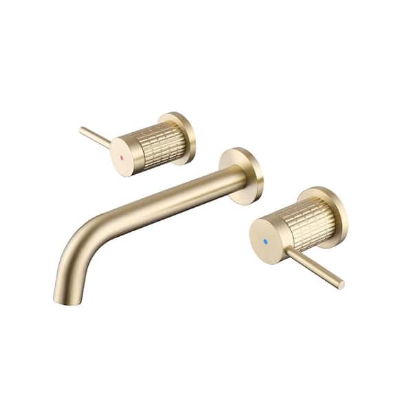 Double Handle Wall Mounted Bathroom Faucet Brass 3 Hole Vanity Sink Taps in Brushed Gold