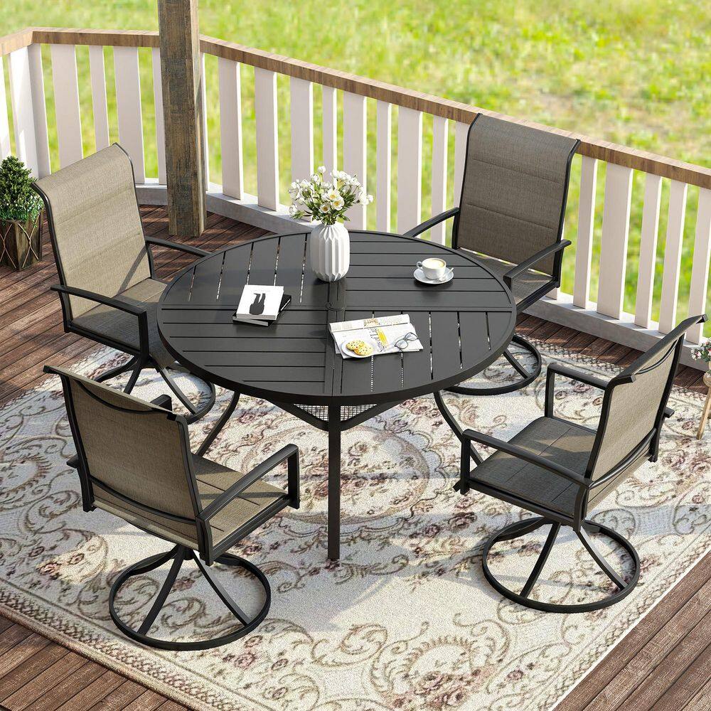 5-Piece Metal Outdoor Dining Set with 40.6 in. Black Round Table and 4 Brown Swivel Dining Chairs for 4 Person price history on PriceWatchPro