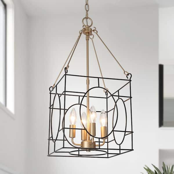 Uolfin Modern Cage Kitchen Island Dining Room Chandelier 4-Light Black and Brass Rectangle Chandelier