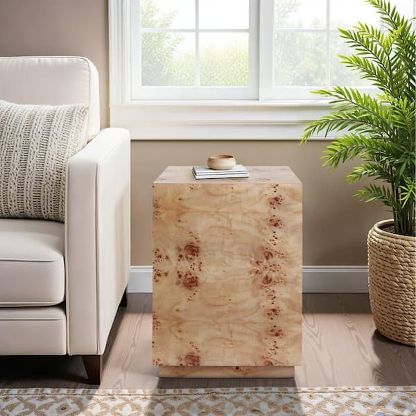 Tan 15.75 in. Square Burl Wood Block Accent Table