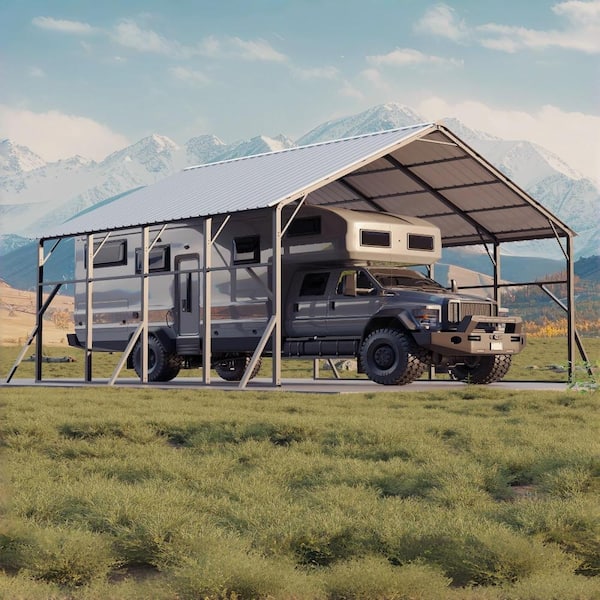 Heavy-Duty 20x20 ft Metal Carport Garage 2-Car or RV Shelter 120° Steep Tone Vertical Roof for Superior Snow Shedding