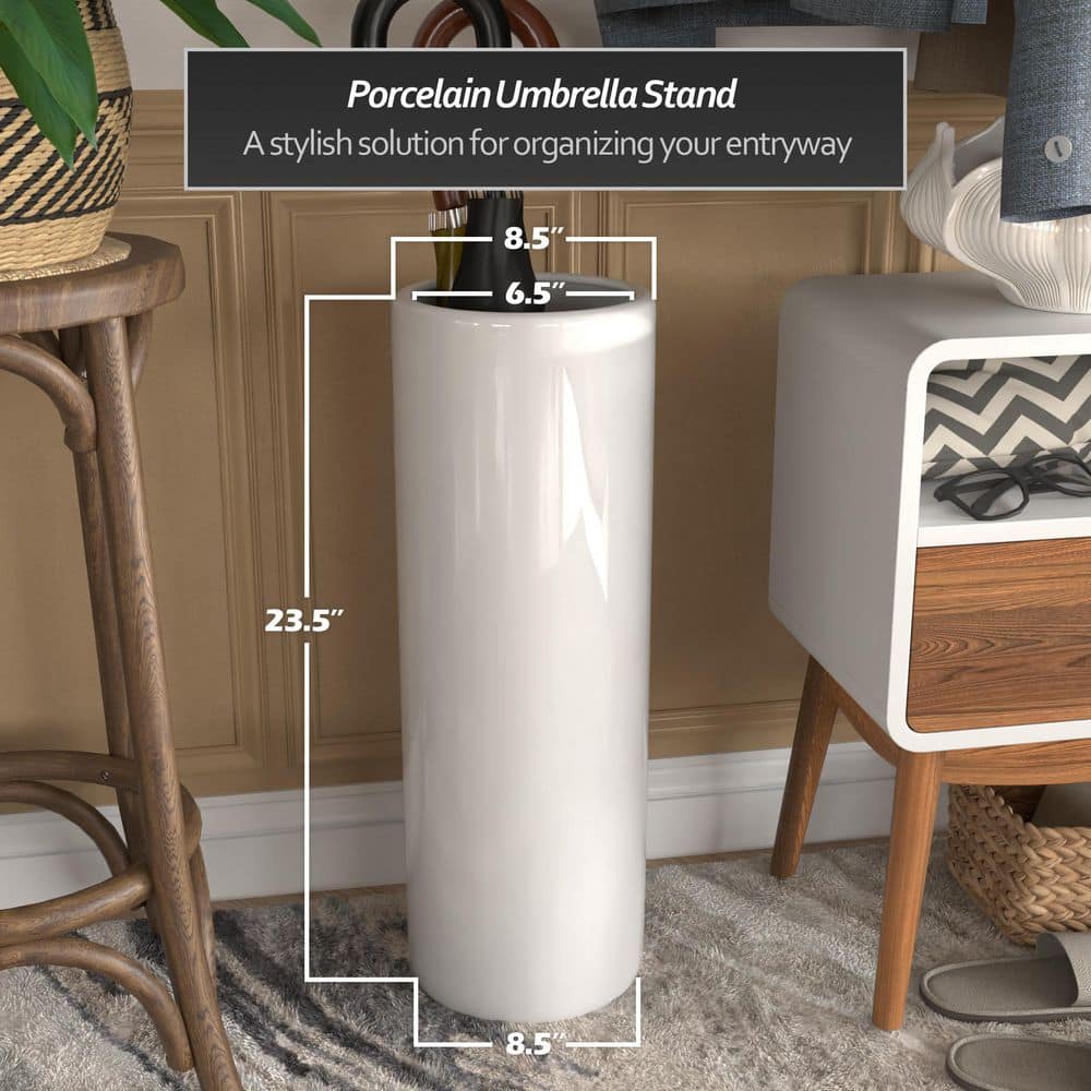 24" White Porcelain Hand-Painted Round Umbrella Stand