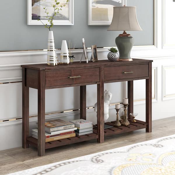 Harper & Bright Designs Classic 58 in. Espresso Rectangle Wood Console Table with 2-Drawers and Slatted Shelf