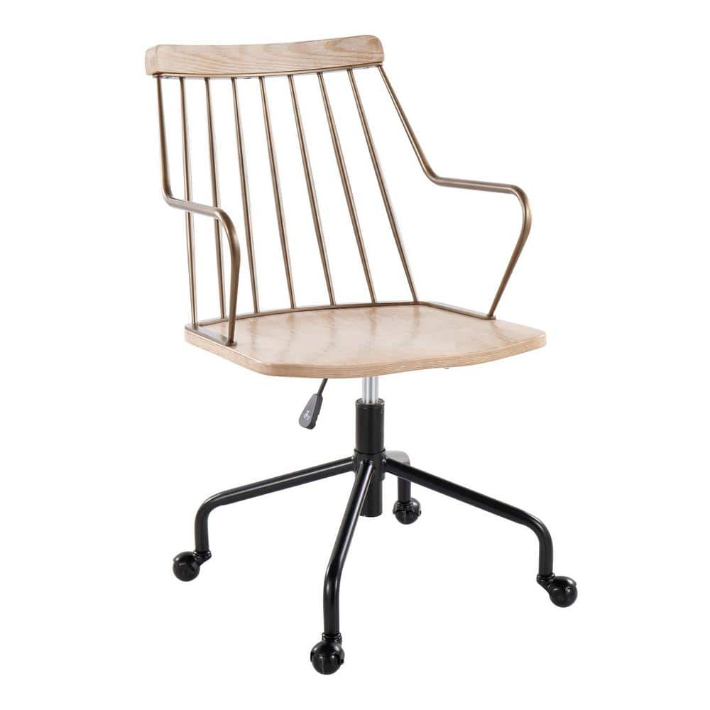 Lumisource Preston Wood Adjustable Height Office Chair in White Washed Wood and Antique Copper Metal with Arms, White Washed Wood & Antique Copper Metal -  39271