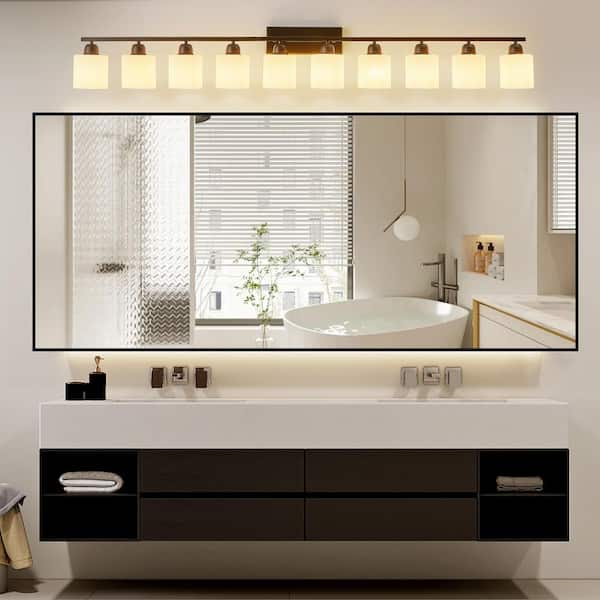 65 in. 10-Light Black Bathroom Vanity Light Fixture with Milky White Frosted Glass Shades, no bulbs included