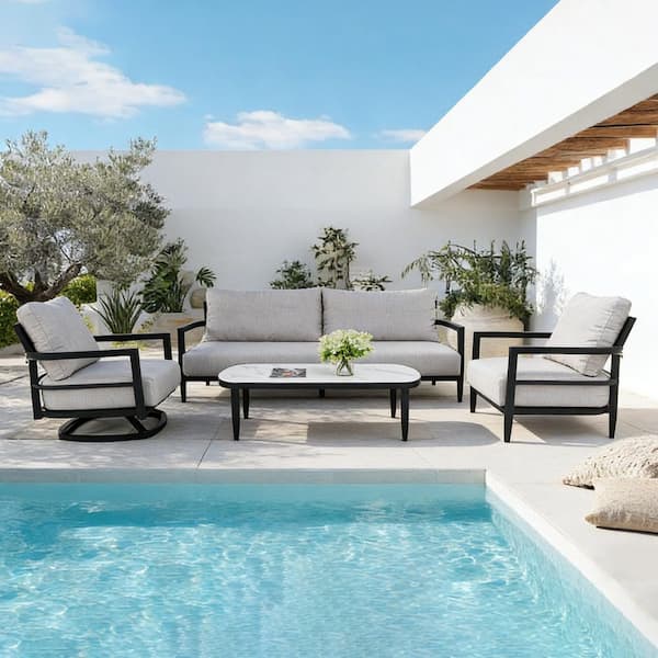 4-Piece Aluminum Outdoor Sectional Set with Cast Silver Cushions, 2 Swivel Lounge Chair and Coffee Table for Garden Deck