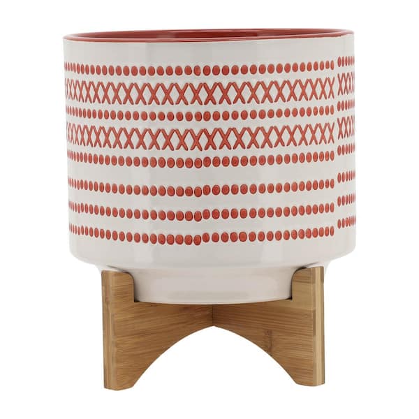 Flynama 10 in. Orange Red Ceramic Planter Stand Plant Pot with Wood Stand Feet for Outdoor/Indoor(1-Pack)