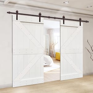 Distressed K Series 72 in. x 84 in. White Stained Solid Pine Wood Double Interior Sliding Barn Door with Hardware Kit