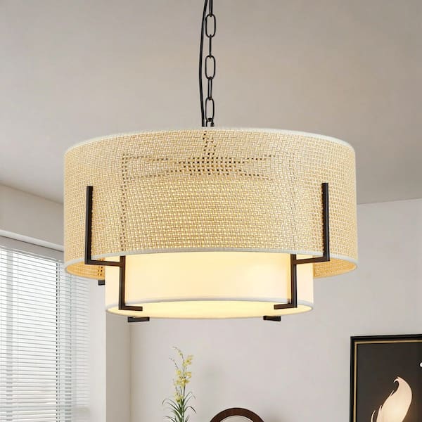 19.7 in. 4-Light Modern Boho Drum Gold Chandelier with Woven Rattan Linen for Bedroom, Kitchen, Dining Room, Living Room