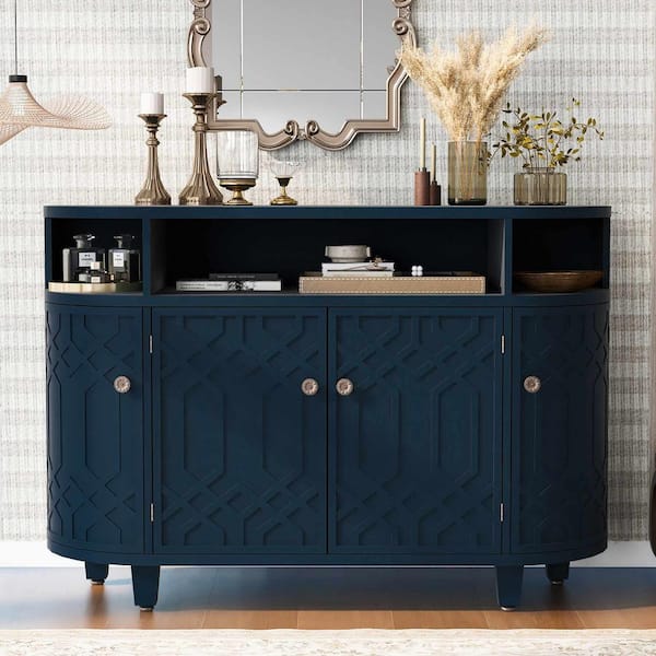 Navy Blue 31.90 in. Curved Design Accent Cabinet with 4 Doors and Adjustable Shelves for Corridors, Entrances