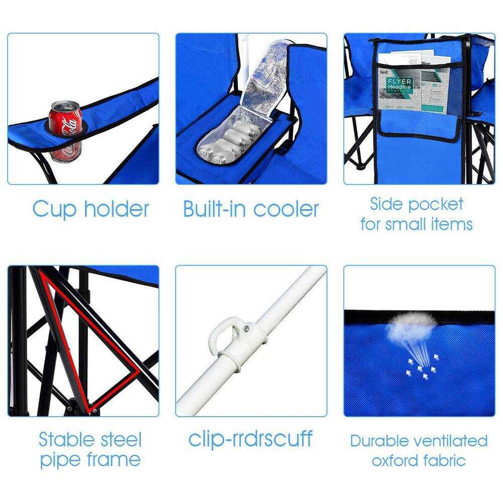 Blue Double Folding Camping Chairs with Umbrella and Cooler