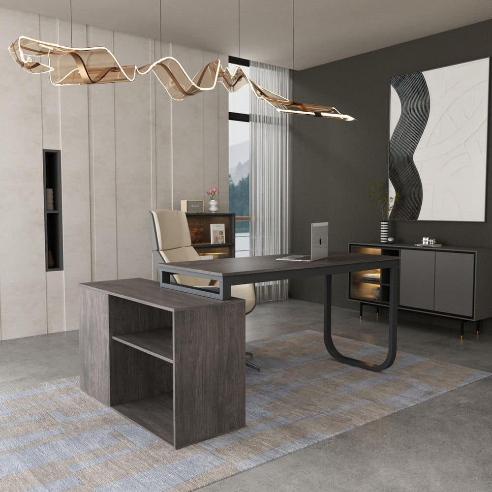 FUFU&GAGA 55.1 in. L-Shaped Gray Wood Executive Writing Desk FUFU&GAGA 55.1 in. L-Shaped Gray Wood Executive Writing Desk
