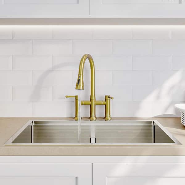 Double Handle Bridge Pull-Down Kitchen Faucet with 3-Function Spray head in Brushed Gold