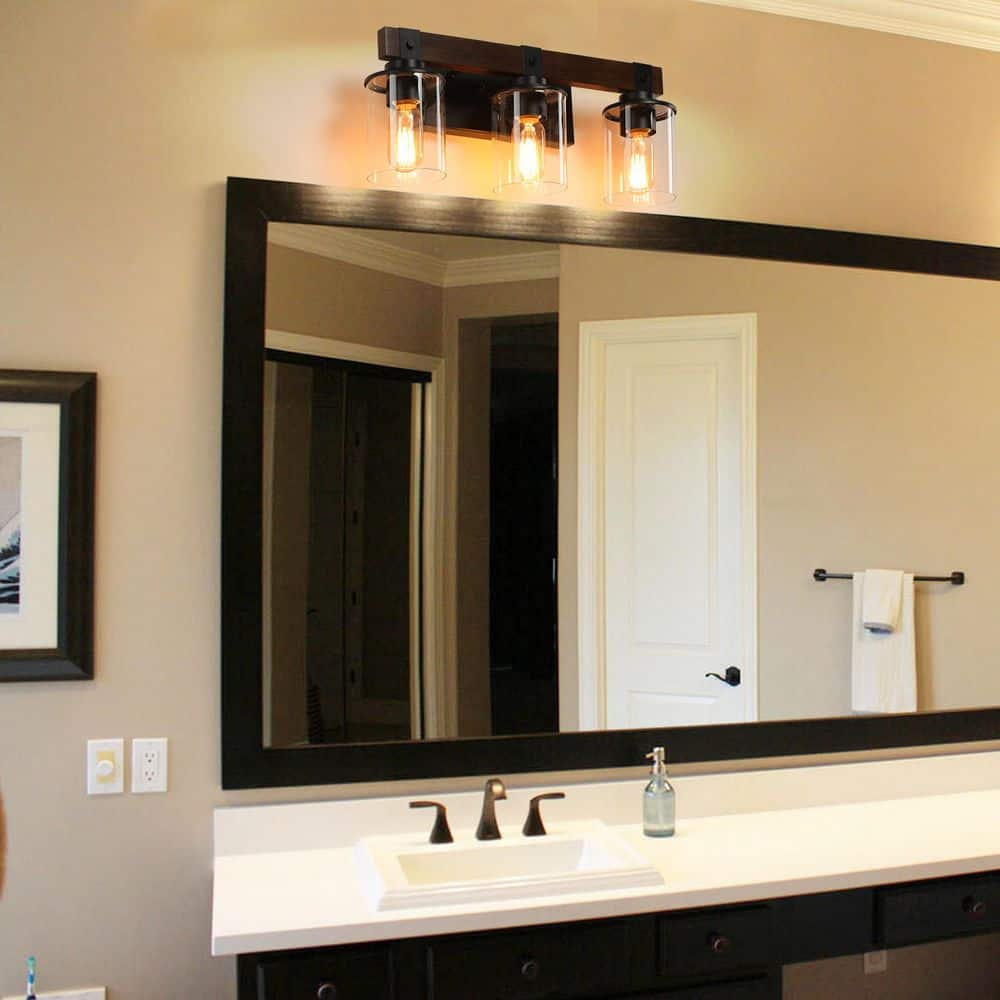 19 in. Rustic 3-Light Vanity Light, Industrial Bathroom Wall Sconce with Glass Shades and Wood Accent, (No Bulbs) price history on PriceWatchPro