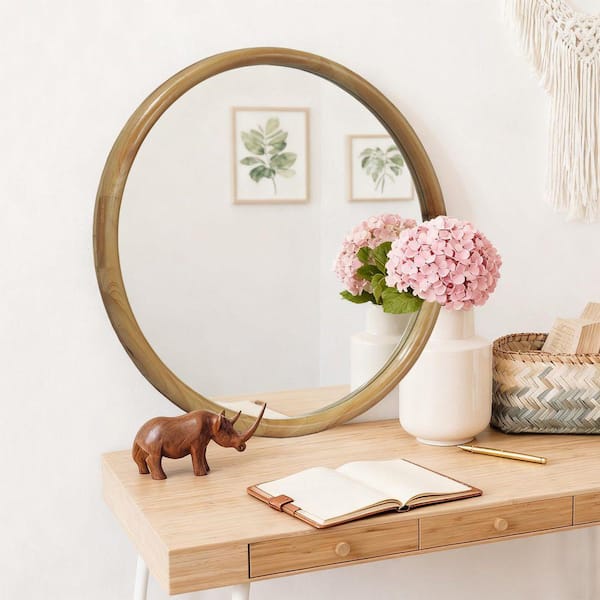 Natural Wood 23.62 in. W x 23.62 in. H Modern Round Wood Framed