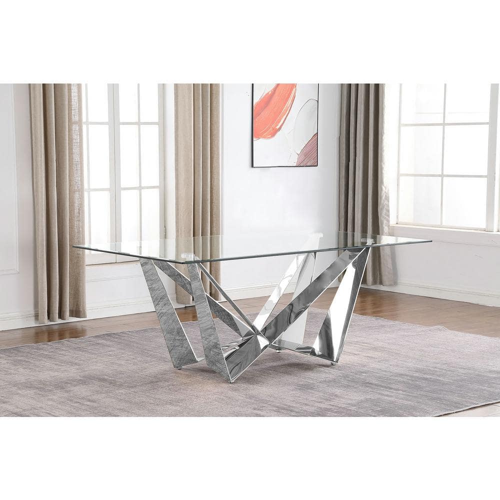 Clear Glass and Silver Stainless Steel Rectangular Dining Table