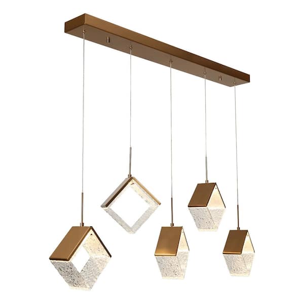 LNC Cendrillon 5-Light Dimmable Integrated LED Plating Brass Linear Chandelier with Geometric Shades