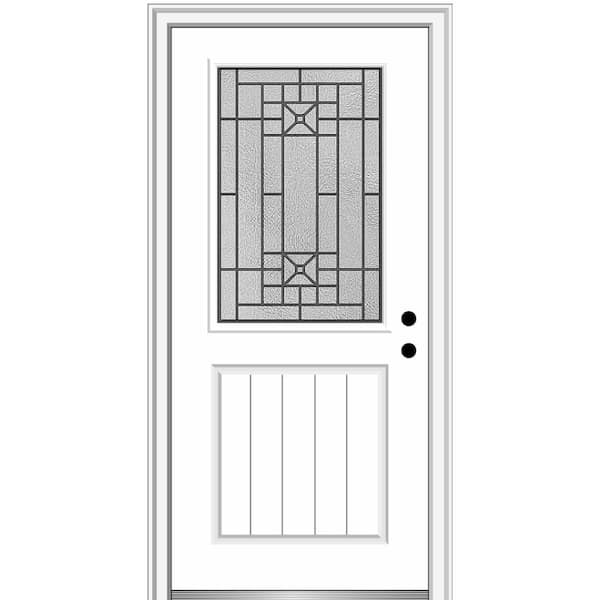 MMI Door 32 in. x 80 in. Courtyard Left-Hand 1/2-Lite Decorative Primed Fiberglass Smooth Prehung Front Door, 4-9/16 in. Frame