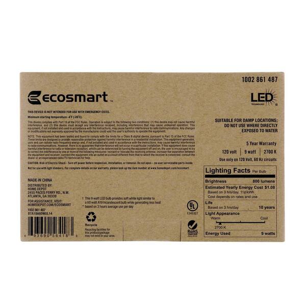 Ecosmart 60 Watt Equivalent A19 Non Dimmable Led Light Bulb Soft White 4 Pack B7a19a60wul14 Non Dimmable Led Light Bulb Soft White, Ecosmart Light Bulbs Warranty