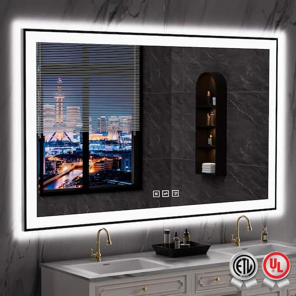 waterpar 60 in. W x 36 in. H Rectangular Framed Anti-Fog LED Wall Bathroom Vanity Mirror in Black with Backlit and Front Light