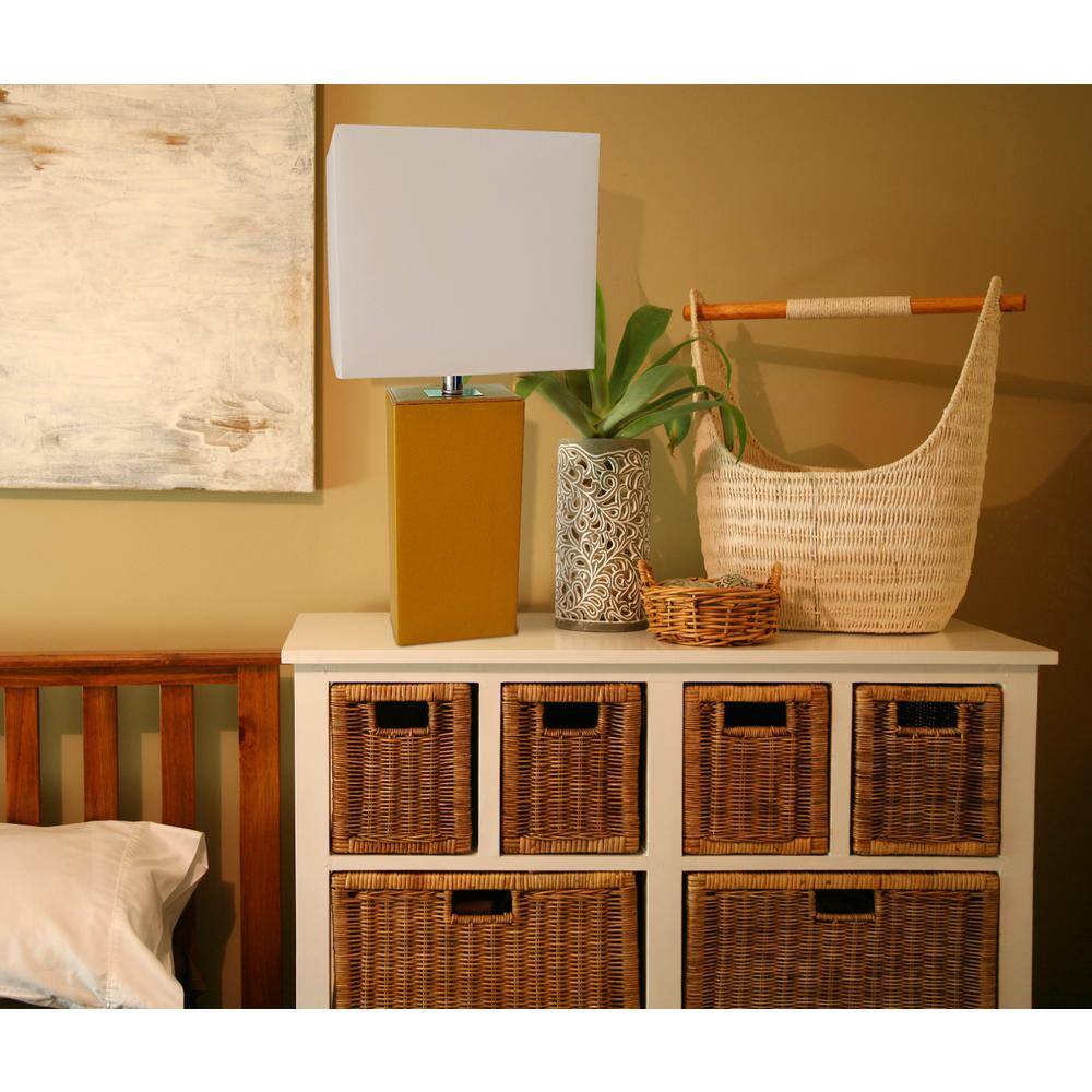 Tan Leather Wrapped Table Lamp with White Shade and LED Bulb