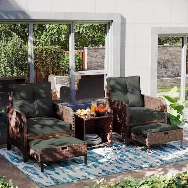 5-Piece Wicker Patio Conversation Set, Outdoor Chairs with Dark green Cushions, Coffee Table and Ottomans