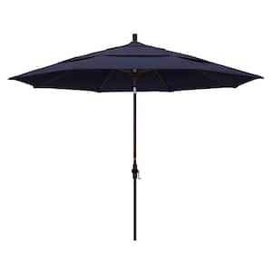 11 ft. Bronze Aluminum Pole Market Aluminum Ribs Crank Lift Outdoor Patio Umbrella in Navy Sunbrella