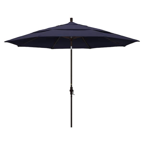 California Umbrella 11 ft. Bronze Aluminum Pole Market Aluminum Ribs Crank Lift Outdoor Patio Umbrella in Navy Sunbrella