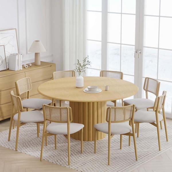 Dovelina 60 in. Natural Oak Wood Color Column Pedestal Round Kitchen Table Dining Table Seats 6