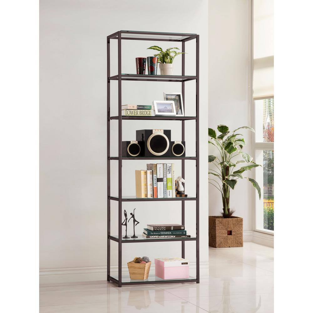 Elegant Black Nickel 6-Tier Bookcase with Tempered Glass Shelves