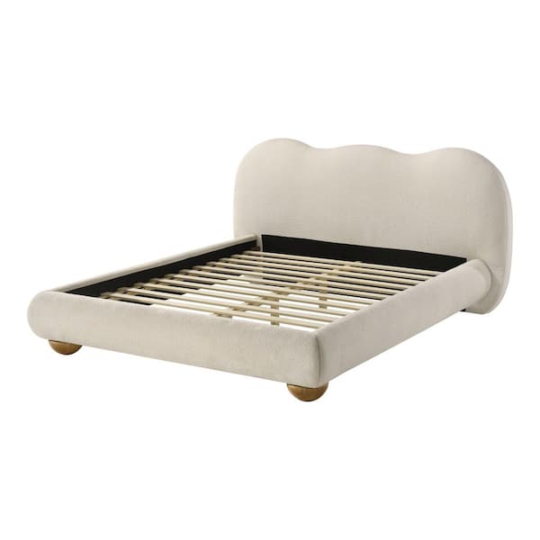 Synda White Wood Frame King Platform Fully Upholstered Bed with Camel-Back Shaped Headboard and Round Bun Feet