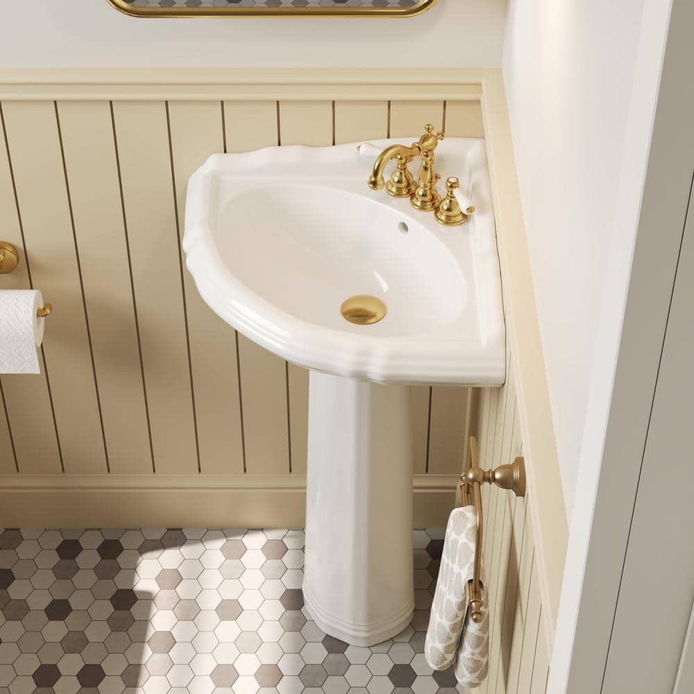 White Ceramic Triangular Corner Pedestal Bathroom Sink