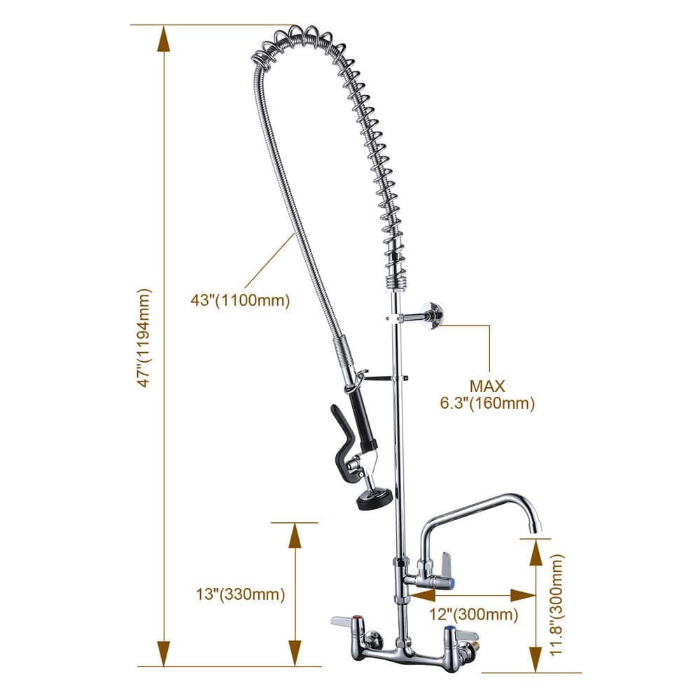 Commercial Chrome Triple Handle Wall Mount Kitchen Faucet with Pull-out Spray