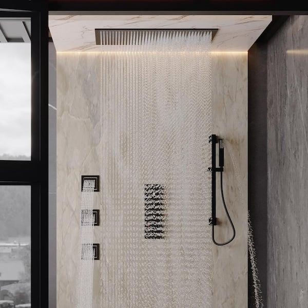 3-Spray Ceiling Mount Thermostatic Fixed and Handheld Dual Shower Head 2.5 GPM with Rod&Body Spray in Matte Black