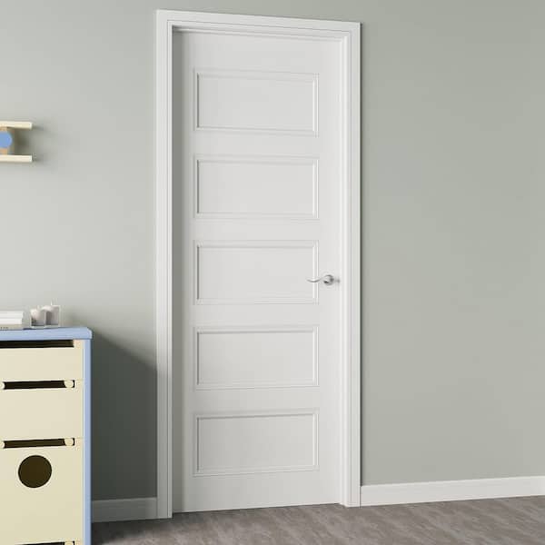 28 in. x 80 in. 5-Panel Left-Handed Painted Solid Core Wood Interior Single Prehung Door Kit with Quick Assemble Jamb