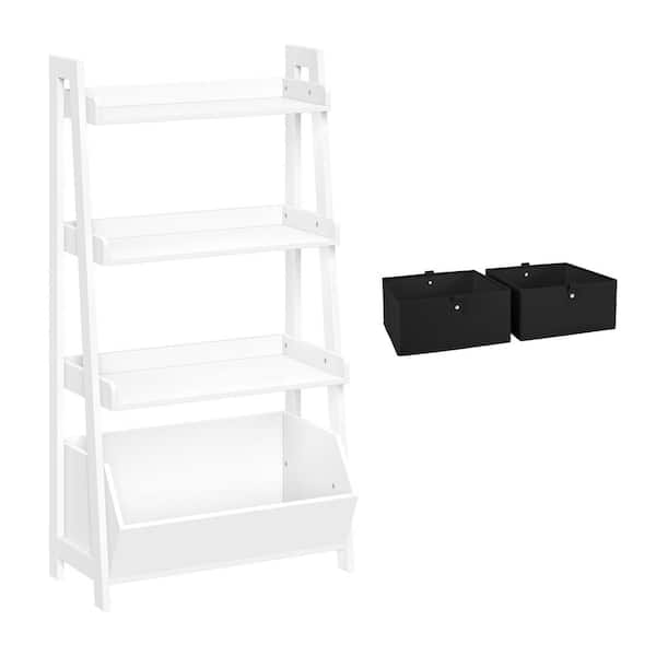 RiverRidge Home 24 in. Wide White Ladder Shelf Toy Organizer and Book Storage with 3-Open Shelves with Two 5 in. H Black Fabric Bins
