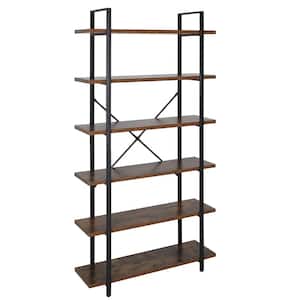 84 in. Brown 6-Shelf Ladder Bookshelf with Adjustable Foot Pads and Open Back