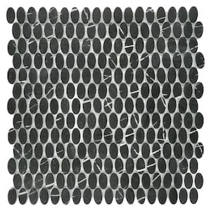 Black Marquina Small Oval 11.2 in. x 11.2 in. Recycled Glass Marble Looks Floor and Wall Mosaic Tile (8.74 sq. ft./Box)