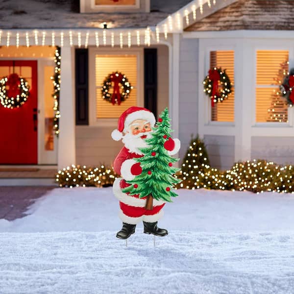 サンタのタイルスタンド Glitzhome 36 in. H Christmas Metal Santa with Tree Yard Stake