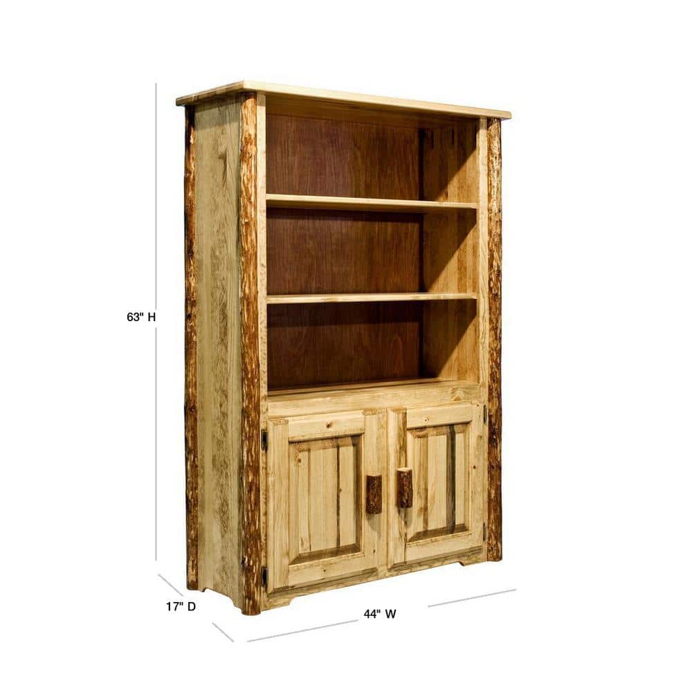 Rustic Brown Solid Pine Wood Bookcase with Doors