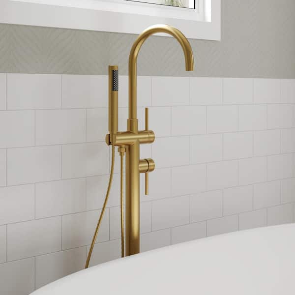 Floor Mount 2-Handle Freestanding Tub Faucet Claw Foot Tub Faucet Bathtub Filler with Hand Shower in Brushed Gold