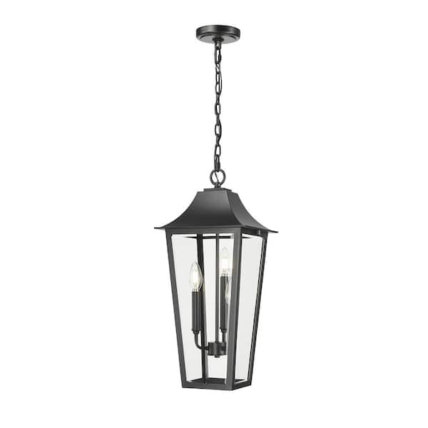 Gannon 23 in. 3-light Black Dimmable Outdoor Pendant-Light with Clear Beveled Glass with no bulbs included