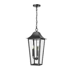 Gannon 23 in. 3-light Black Dimmable Outdoor Pendant-Light with Clear Beveled Glass with no bulbs included