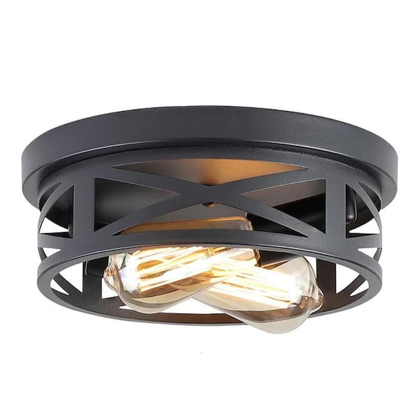 HKMGT 10.8 in. 2-Light Farmhouse Black Flush Mount Ceiling Light with No Bulbs Included (1-Pack)