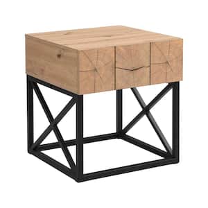 21.65 in. Natural Brown Square MDF Coffee Table with Drawer, Sturdy Metal Legs