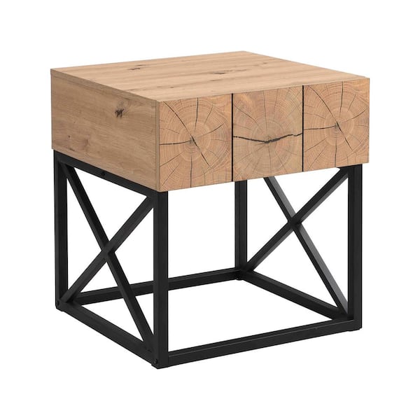 Unbranded 21.65 in. Natural Brown Square MDF Coffee Table with Drawer, Sturdy Metal Legs