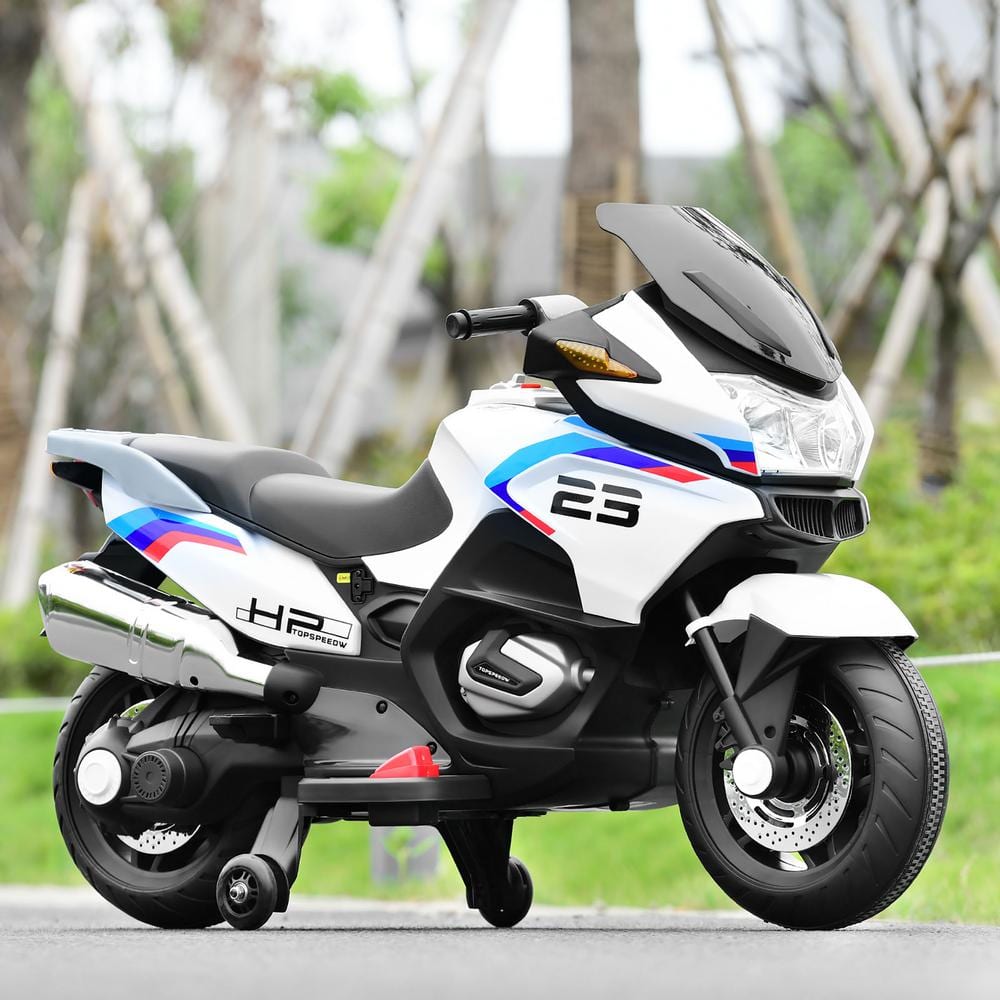White 12-Volt Kids Ride-On Motorcycle with Training Wheels